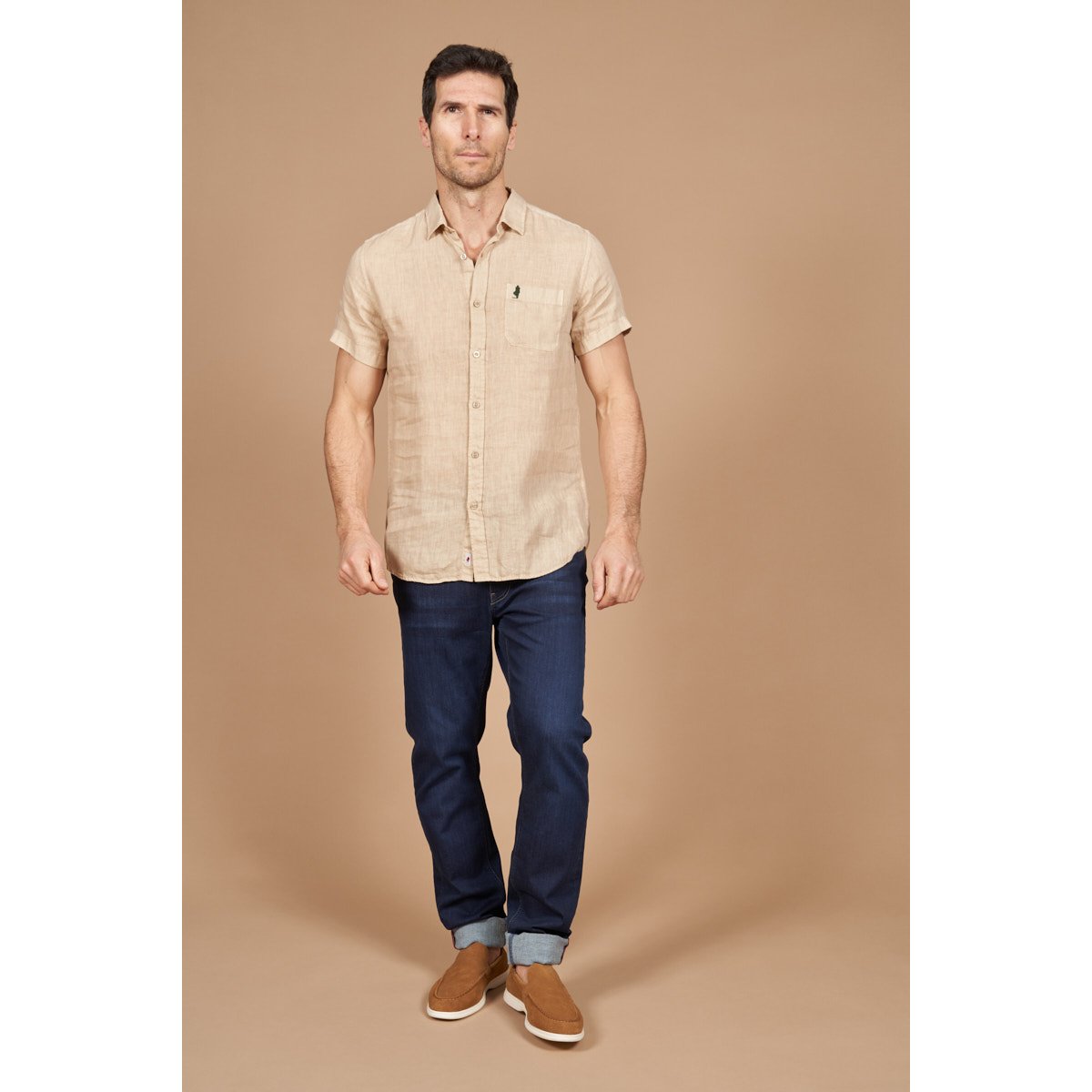 Chemise manches courtes 100% lin beige, MCS
