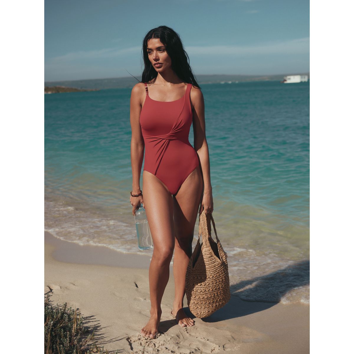 Maillot de bain gainant à bretelles perles rouge rouille, NEXT