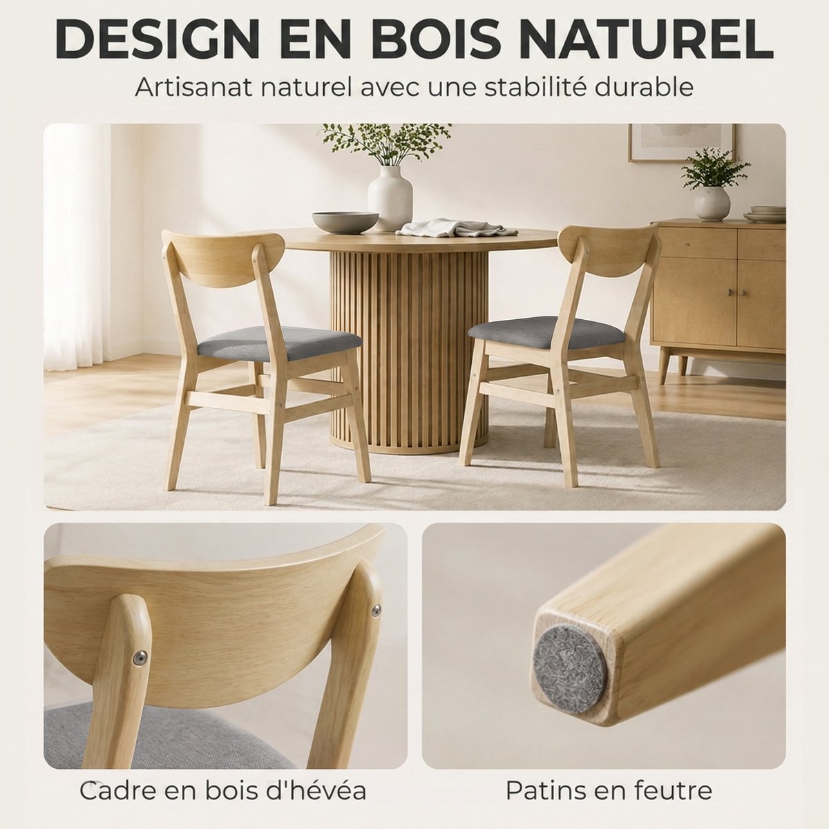 Chaise de salle à manger Tissu effet lin (100 gris et bois naturel, HOMCOM