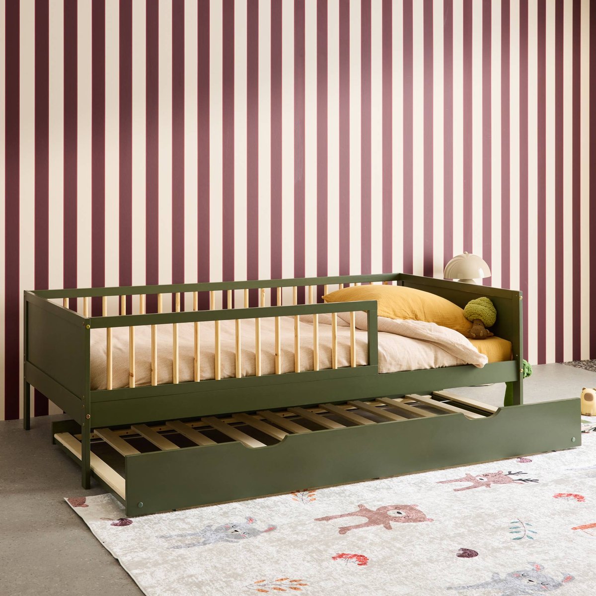 Lit gigogne enfant 90 x 190 cm pin naturel avec sommier à lattes et tiroir ELIO blanc, SWEEEK
