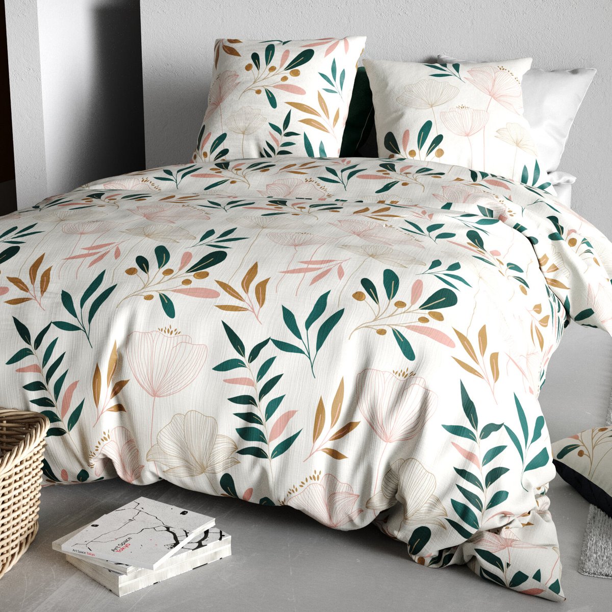 Parure de draps plat en coton imprimée, Kano beige, ATELIER DU COTON