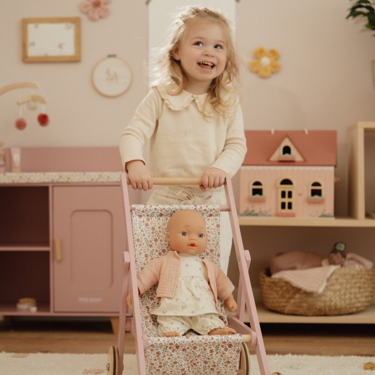 Poussette pour poupée rose, LITTLE DUTCH