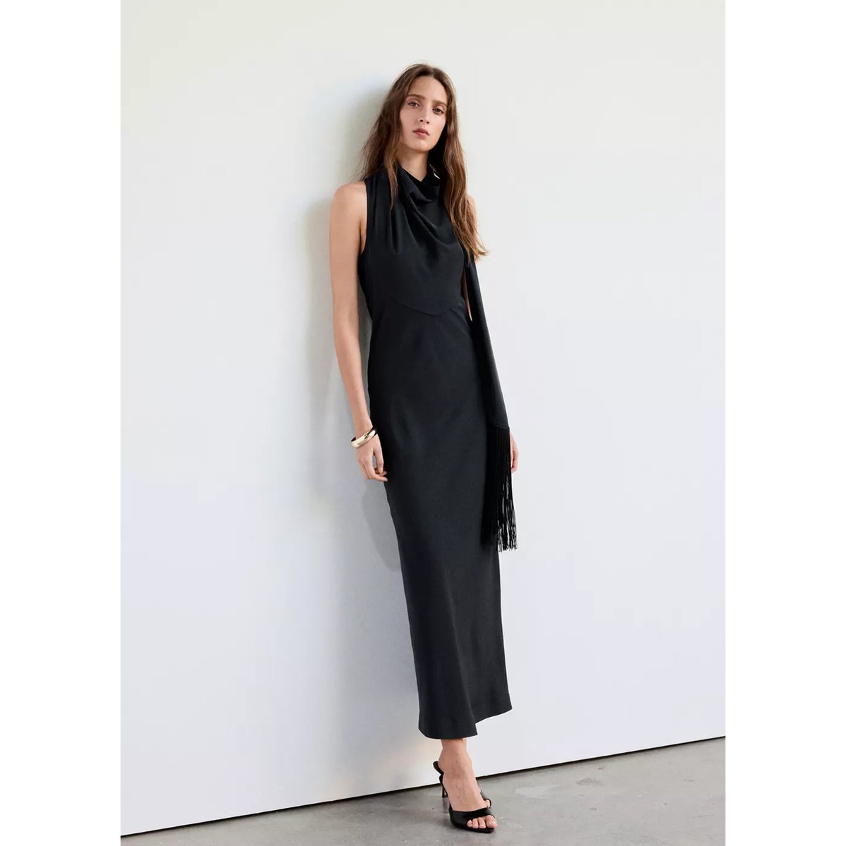 Robe col drapé avec foulard gris anthracite, MANGO