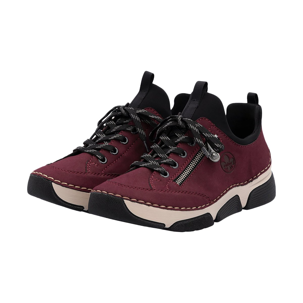 Sneakers noires à talon compensé bas avec semelle beige et zip latéral rouge, RIEKER