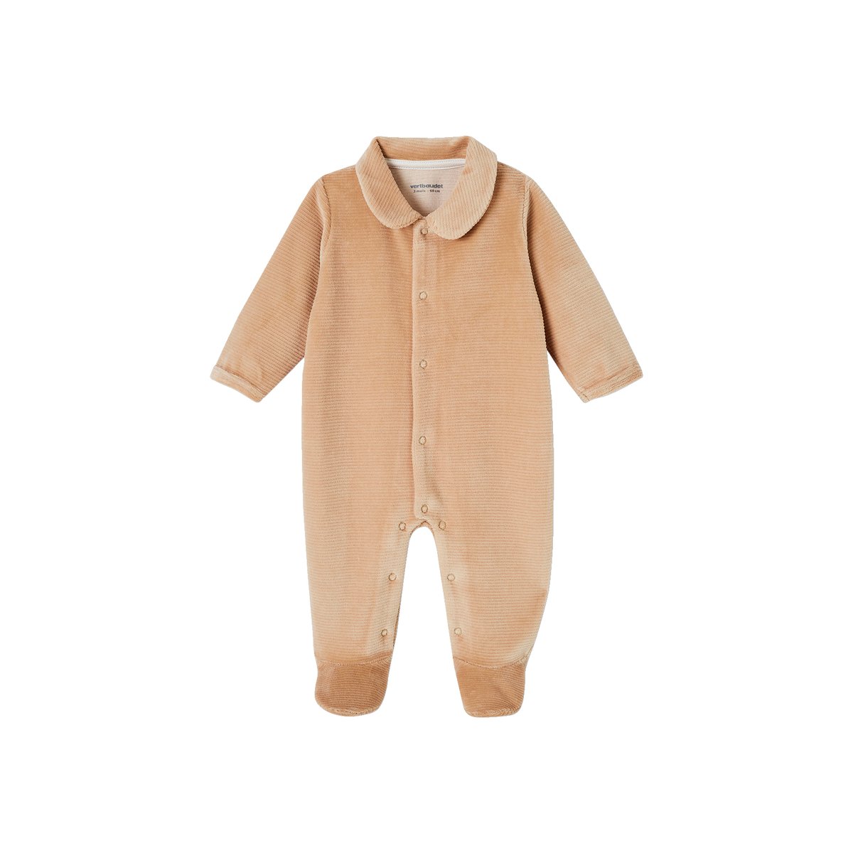Lot de 2 pyjamas mixtes en velours ouverture naissance beige, VERTBAUDET