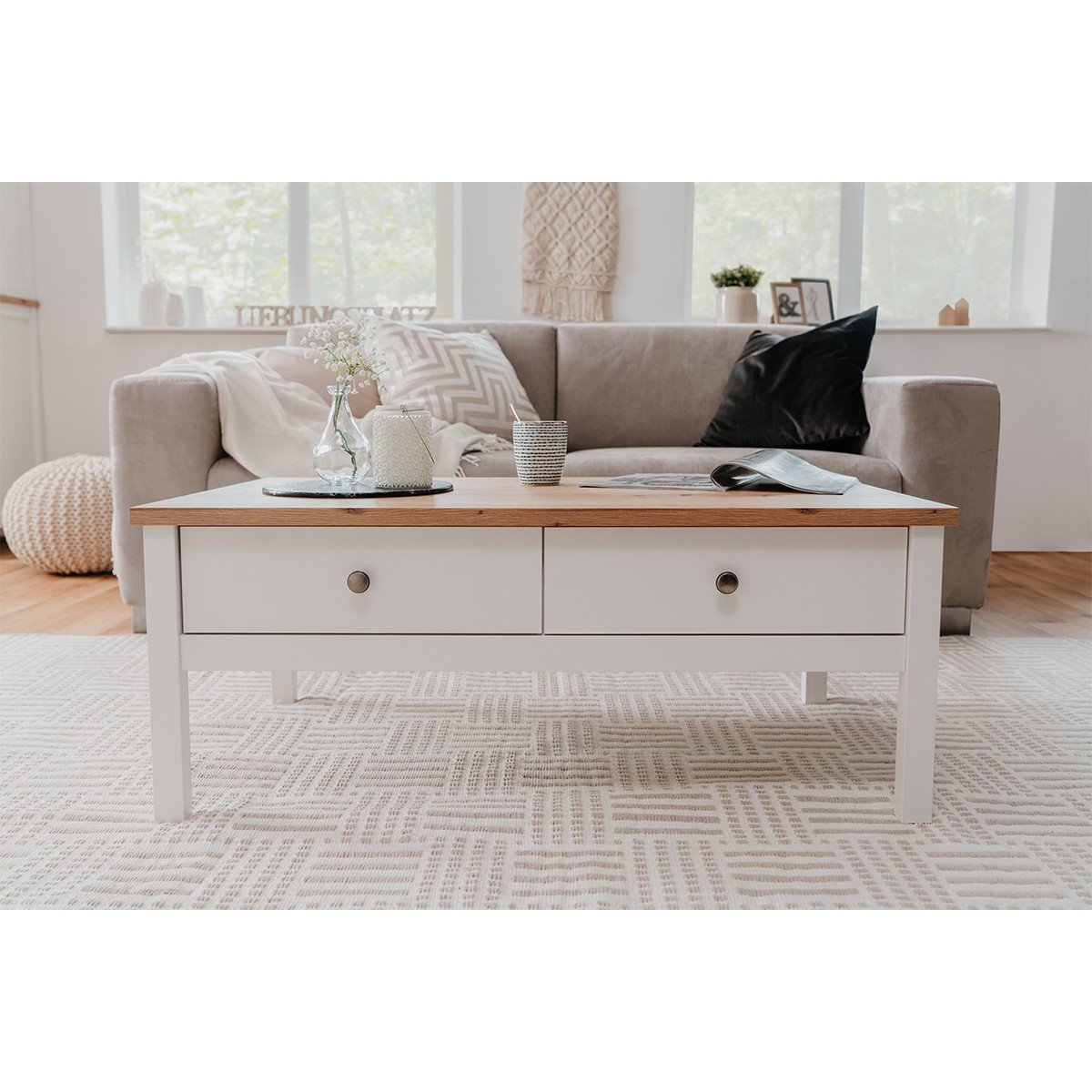 Table Basse 2 tiroirs L100 cm - Décor Blanc - BERGEN blanc, CALICOSY