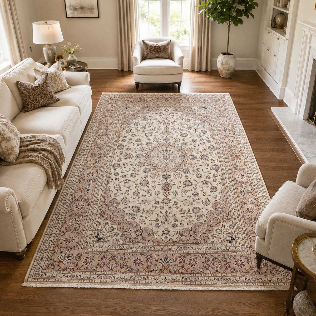 Tapis d'orient au motif oriental noué à la main, KASHAN 3 crème, beige, bleu, UN AMOUR DE TAPIS