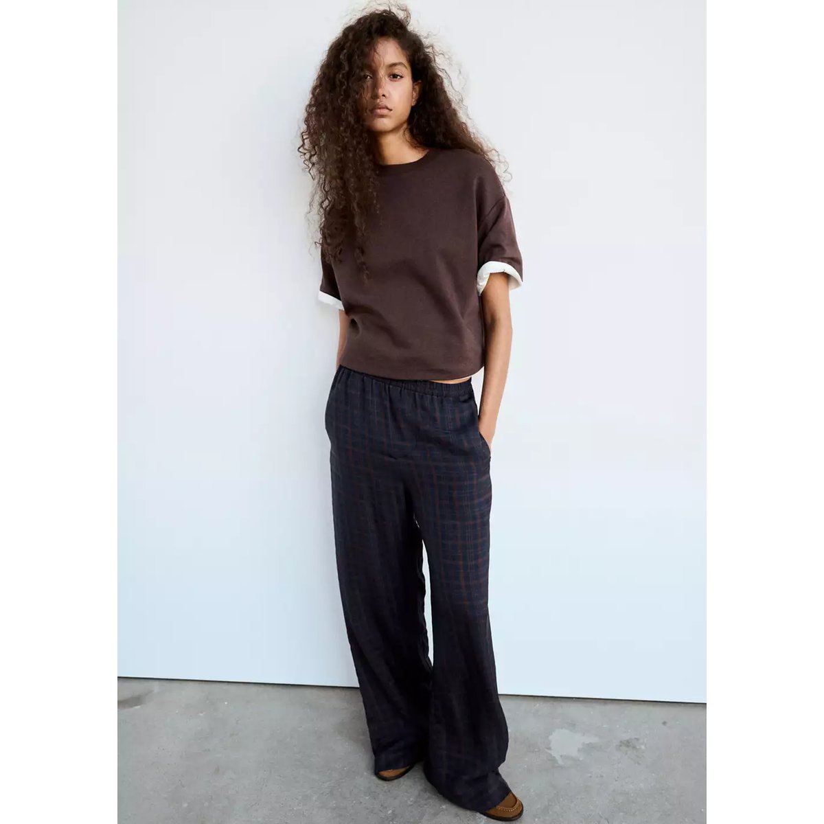 Pantalon droit à carreaux bleu, MANGO