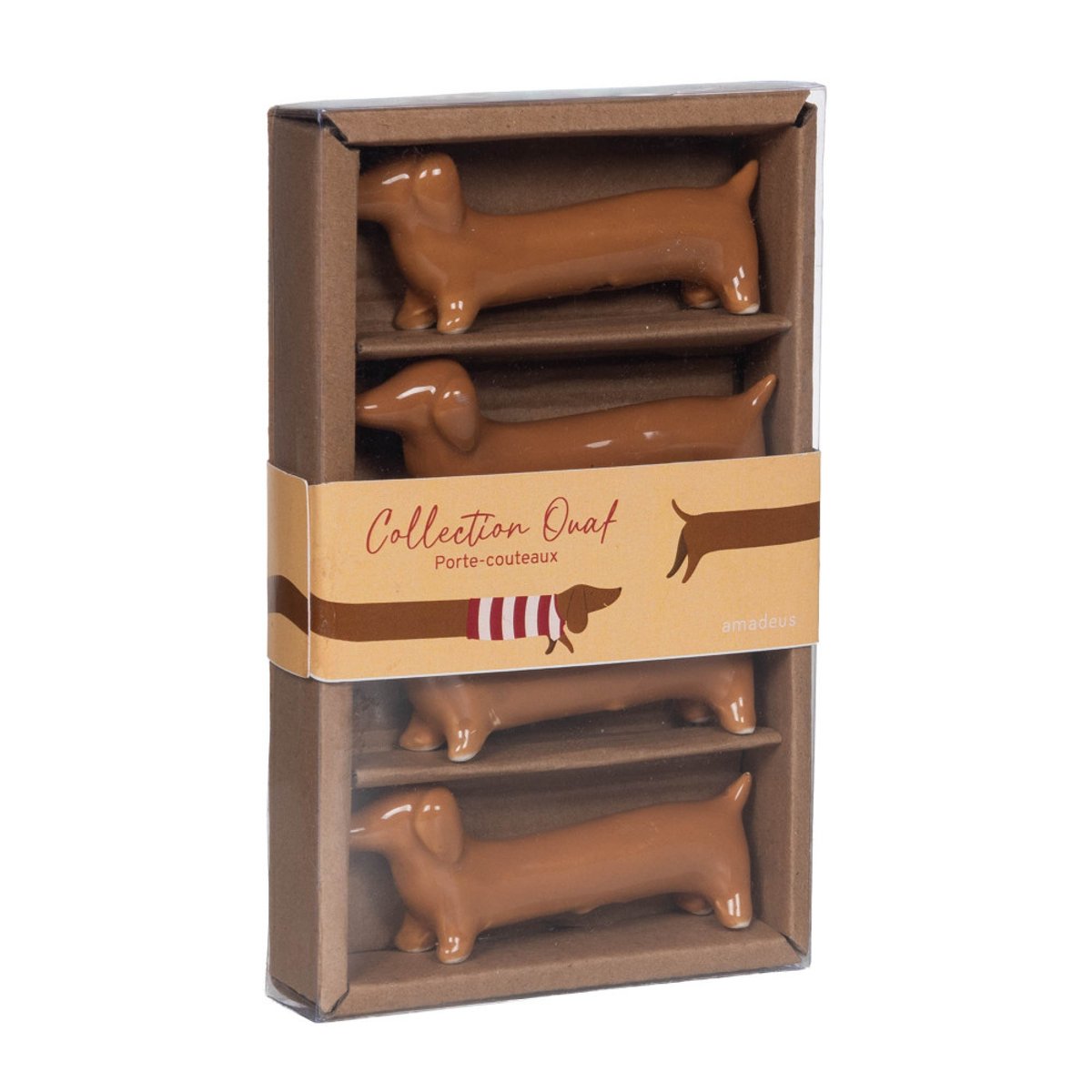 Coffret 4 porte-couteaux Teckel 8x3 cm en céramique marron, AMADEUS
