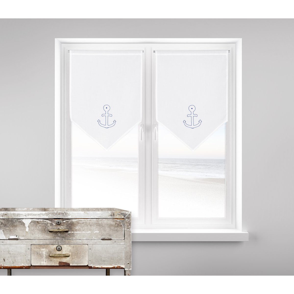 Paire de petits voilages brodés "Ancre Marine" bleu, LINDER