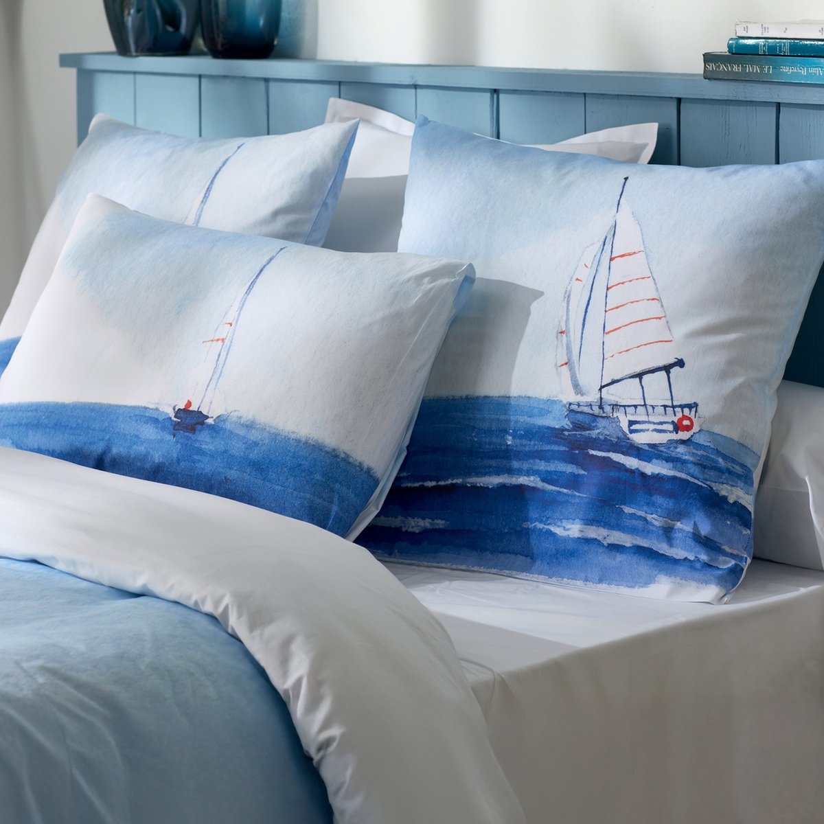 Taie d’oreiller percale de coton voilier marin bleu, TRADILINGE