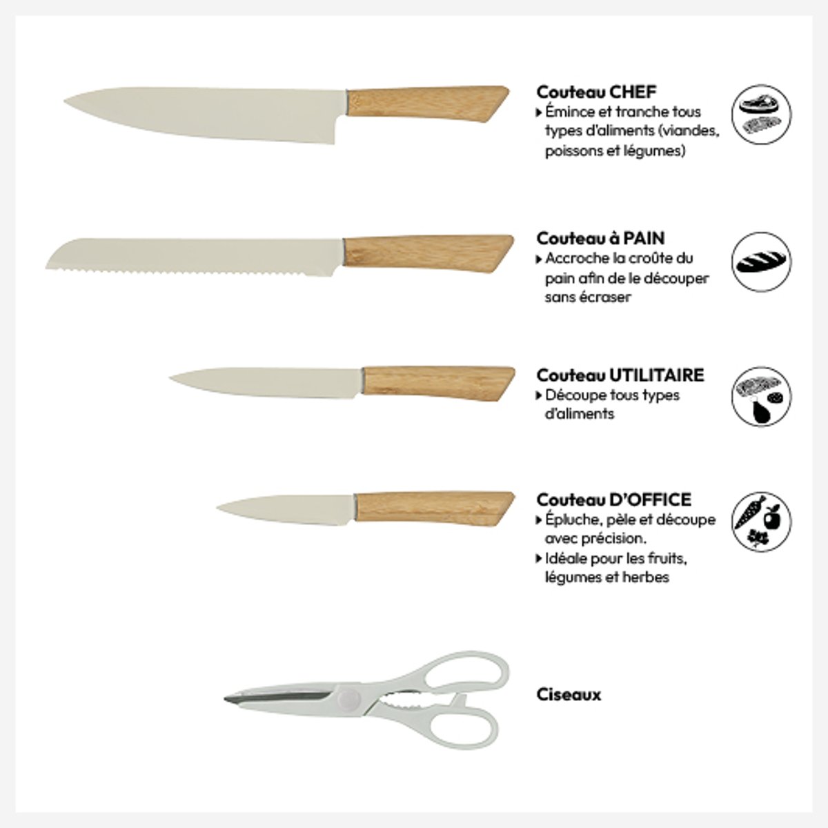 Bloc "Sensia" 4 couteaux et ciseaux manches en bambou blanc, 5FIVE SIMPLY SMART