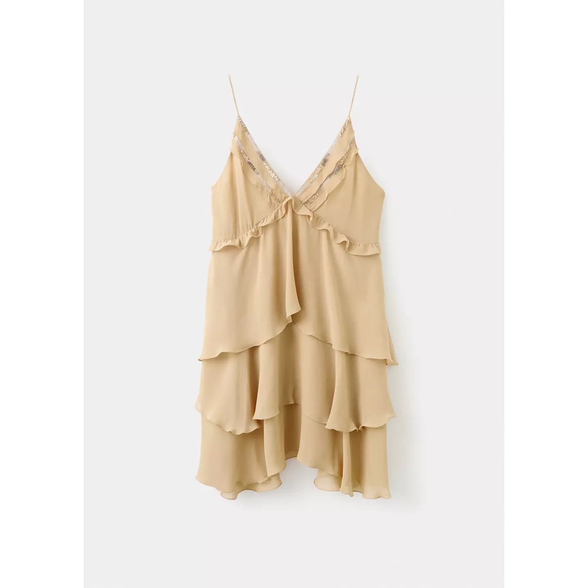 Robe à volants détail perles beige, MANGO