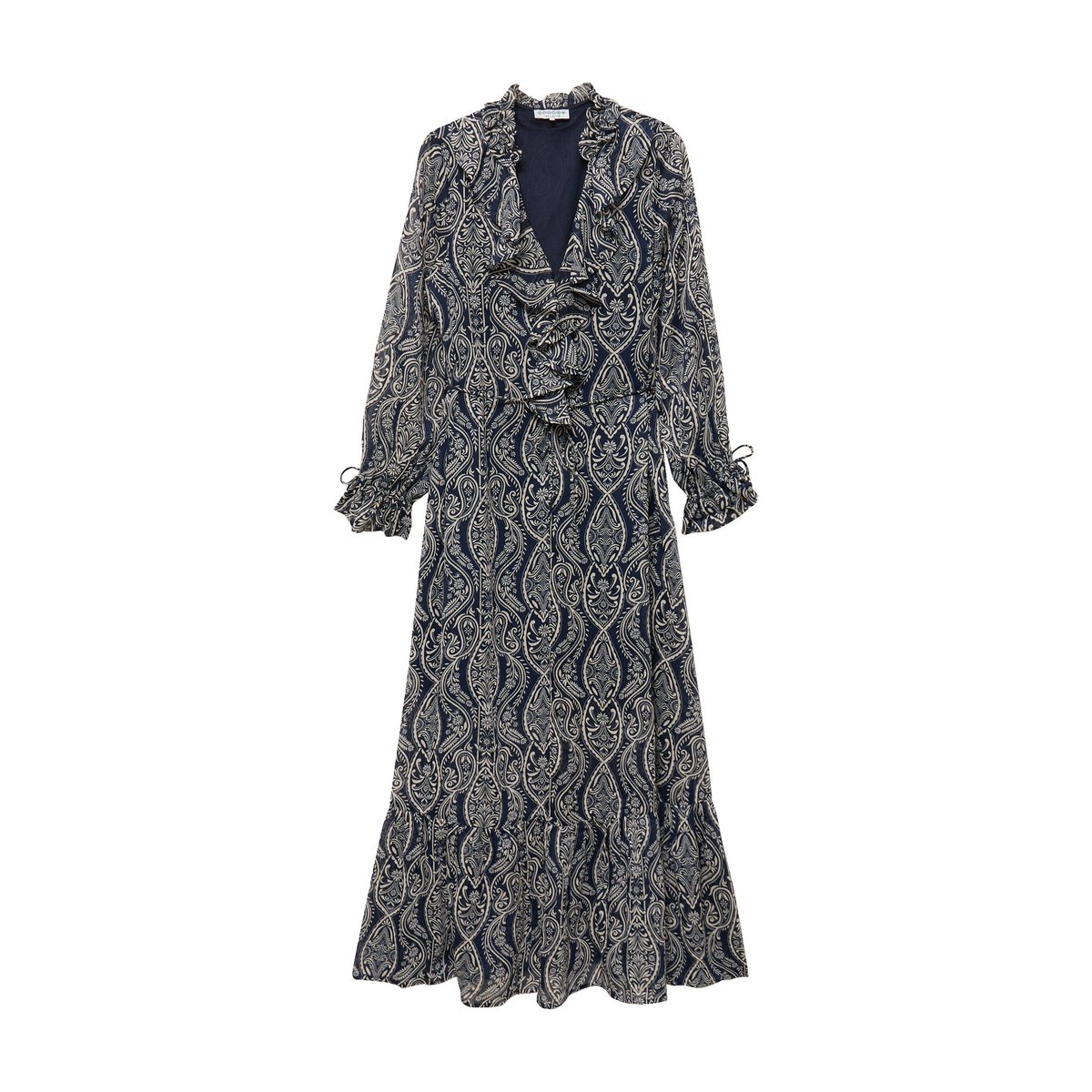 Robe longue évasée col v manches longues bleu marine, BONOBO