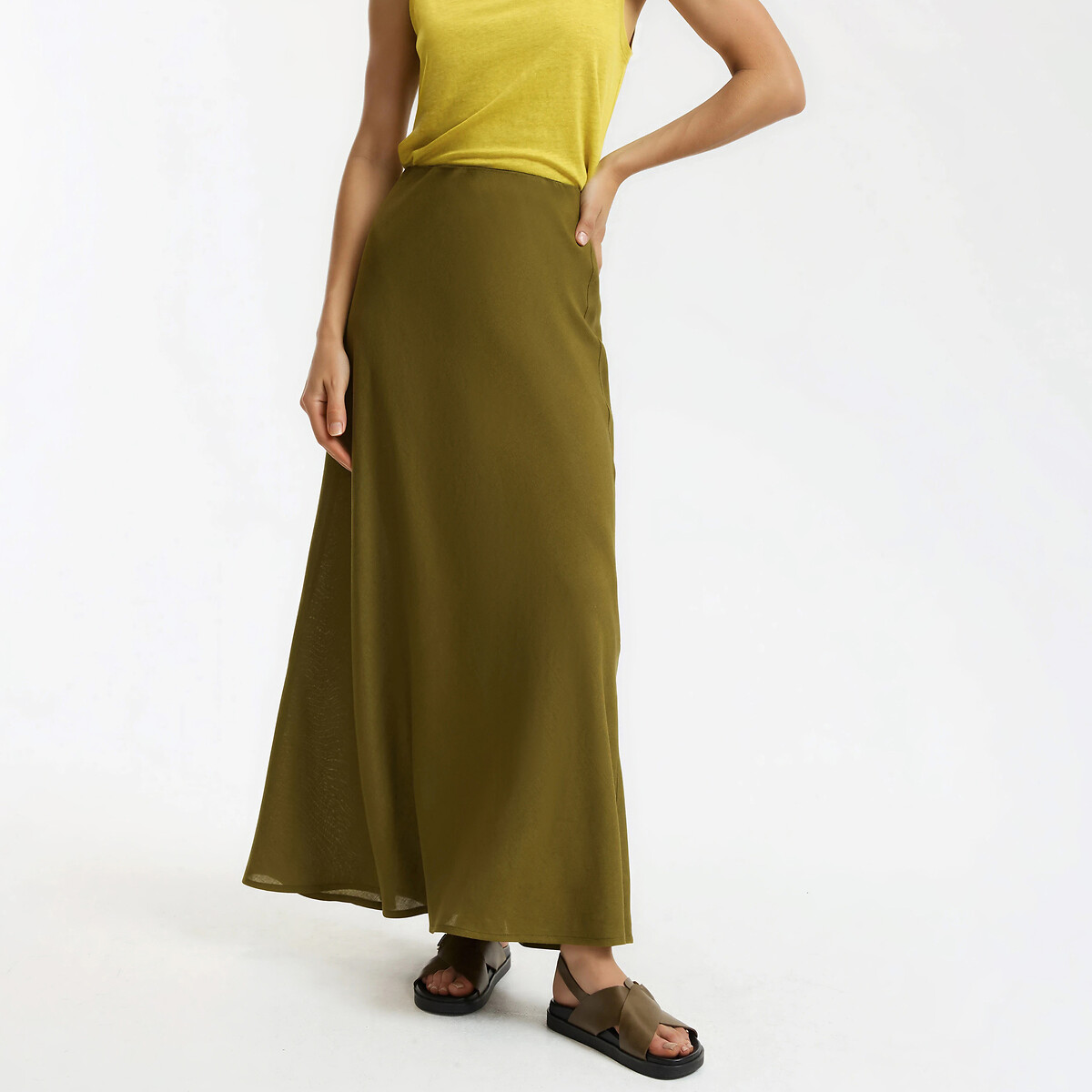Jupe longue évasée en viscose et lin vert kaki, LA REDOUTE COLLECTIONS