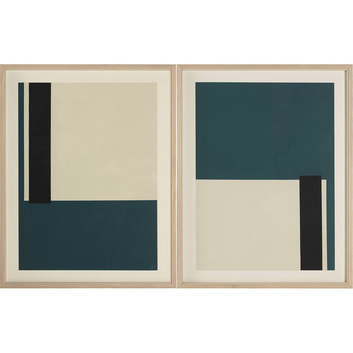 Tableau abstrait fait main encadré (lot de 2) blanc cassé, vert océan, noir et bois naturel, RECOLLECTION