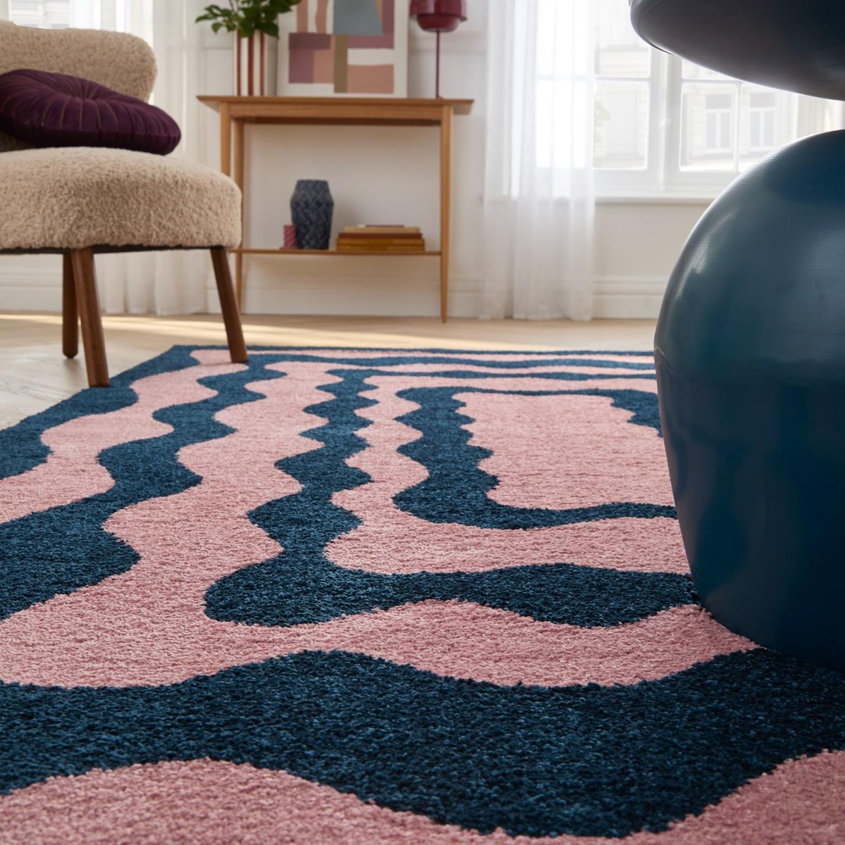 Tapis de salon rétro année 70 GROOVY bleu, NAZAR RUGS