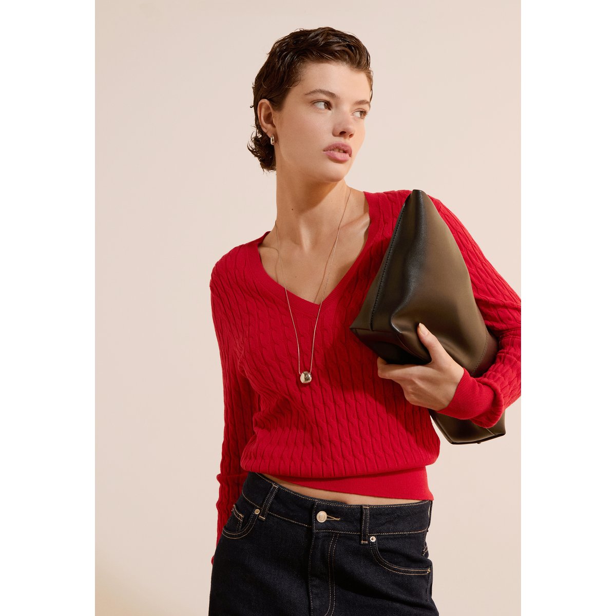 Top col V en coton BRUNO BROD jean denim, ETAM