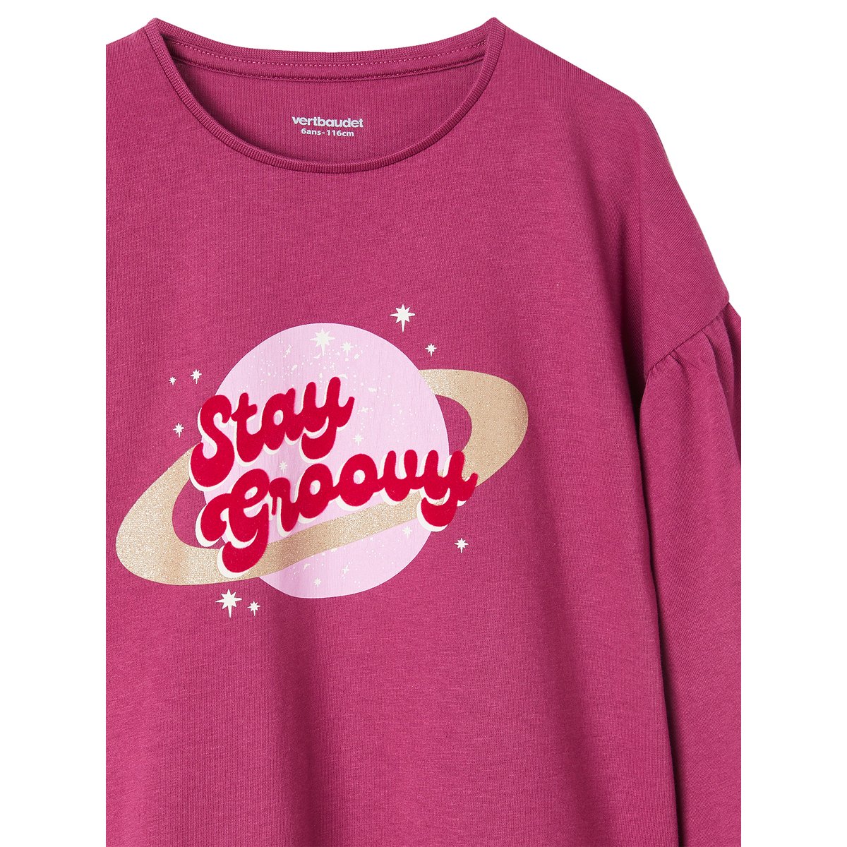 Tee-shirt détails brillants et message velours violine, VERTBAUDET