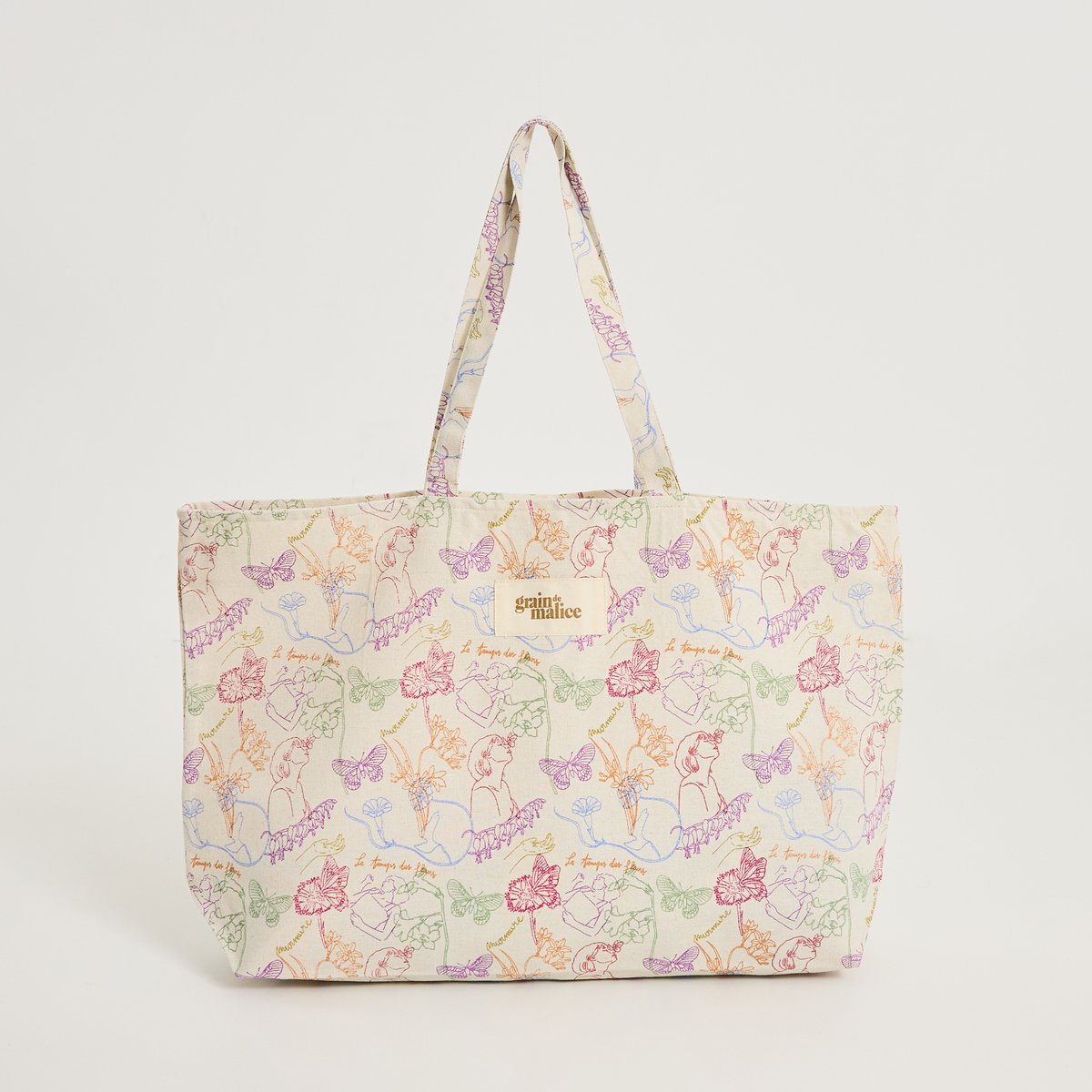 Tote bag imprimé fantaisie blanc cassé ecru, GRAIN DE MALICE