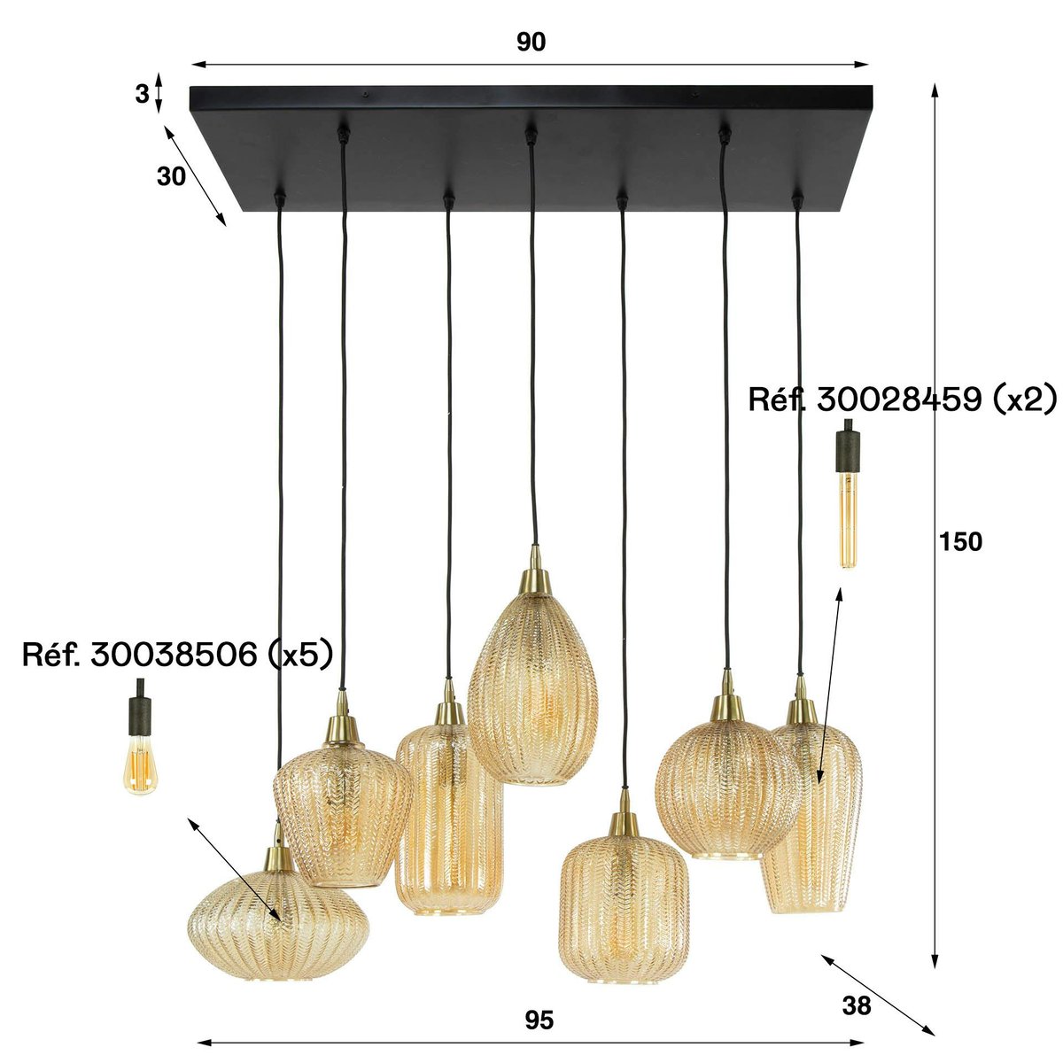 Suspension en verre ambré 7 lampes NOVA marron, PIER IMPORT