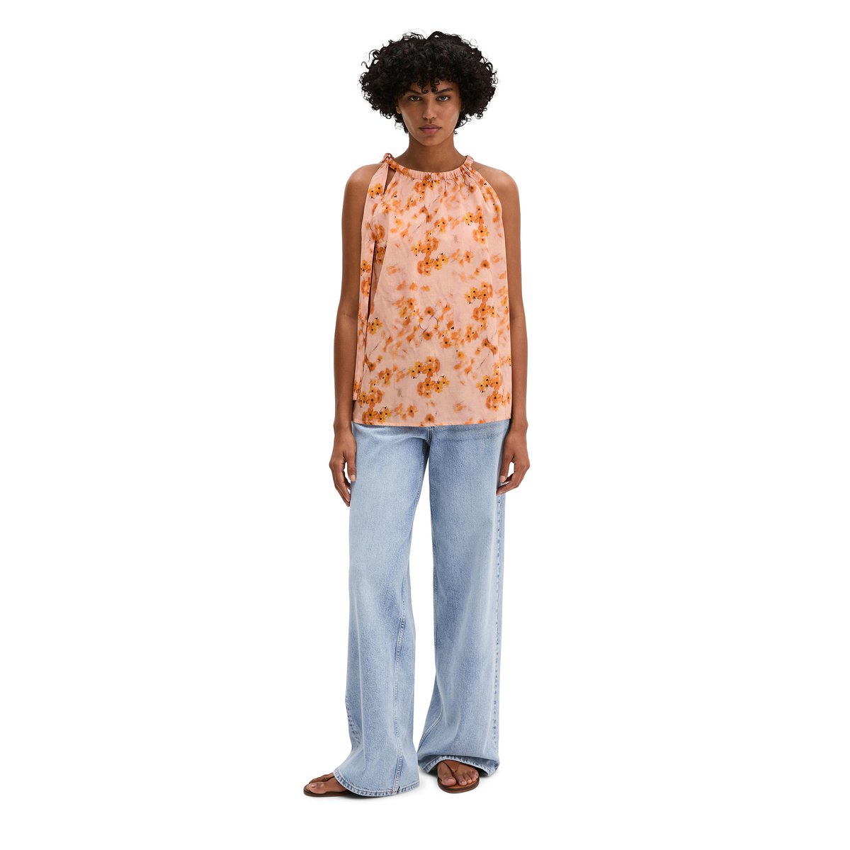 Blouse sans manches relaxed en voile de coton imprimé orange, MARC O'POLO