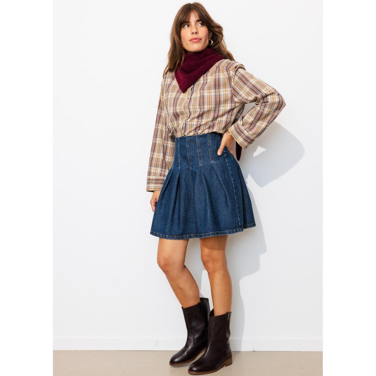 Jupe courte plissée en jean jean rinse, PROMOD