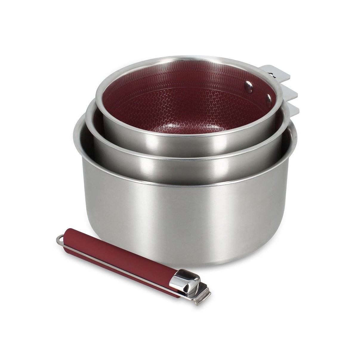 Lot de 3 casseroles 16/18/20 cm en acier inoxydable avec 1 poignée, AGLAE lie de vin, MENASTYL