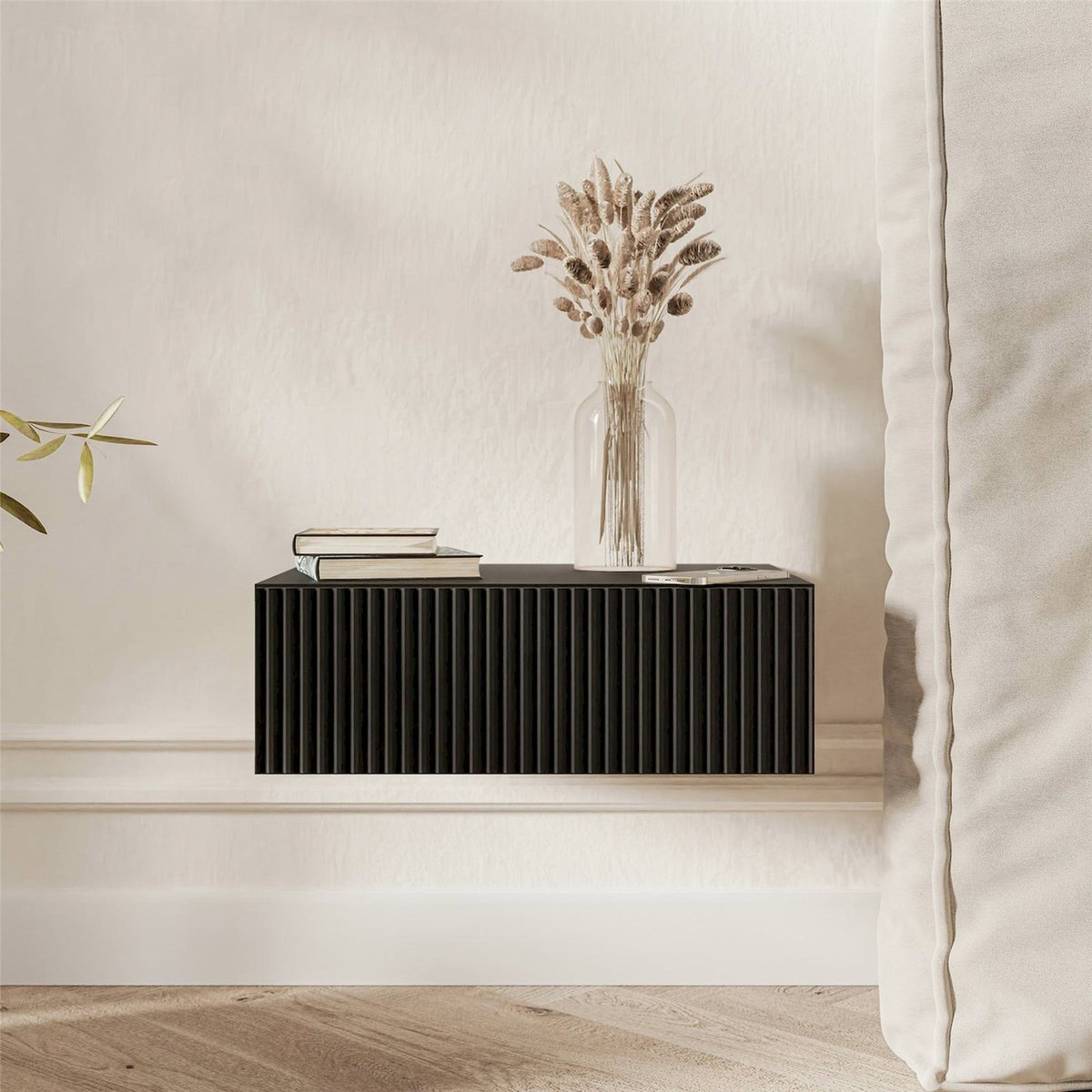 Table de chevet murale VELDIO à façade rainurée noir mat, RECOLLECTION