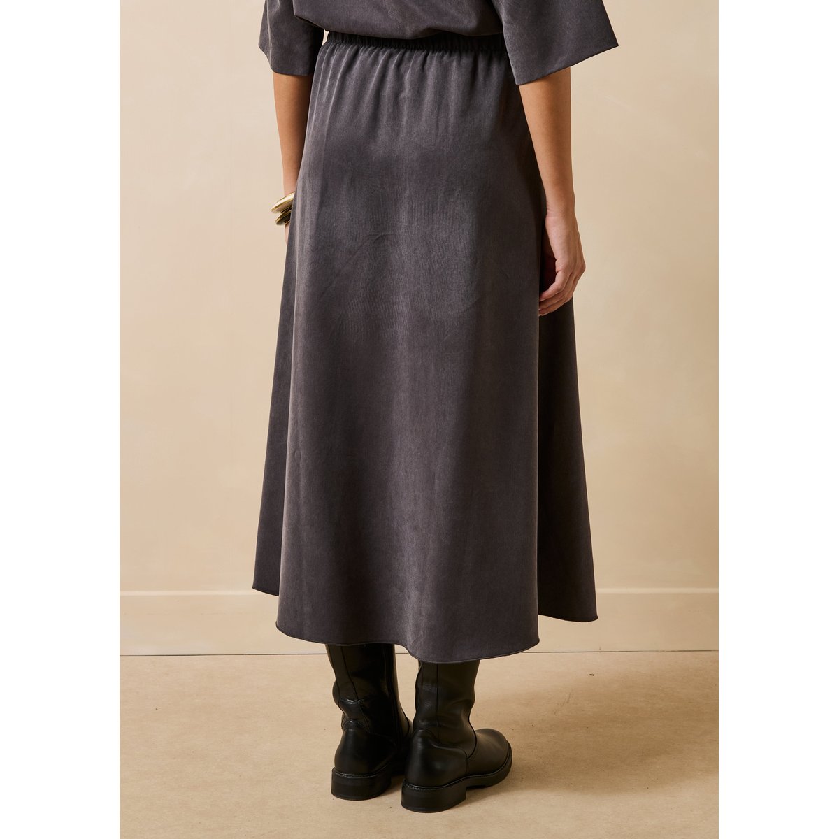 Jupe longue évasée en satin de lyocell anthracite, LA FEE MARABOUTEE