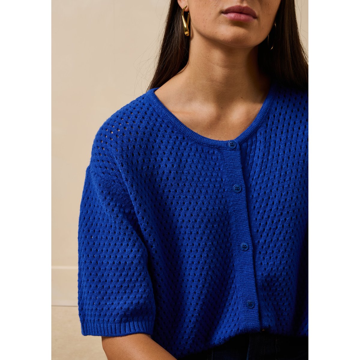 Gilet en maille manches courtes col rond bleu roi, LA FEE MARABOUTEE