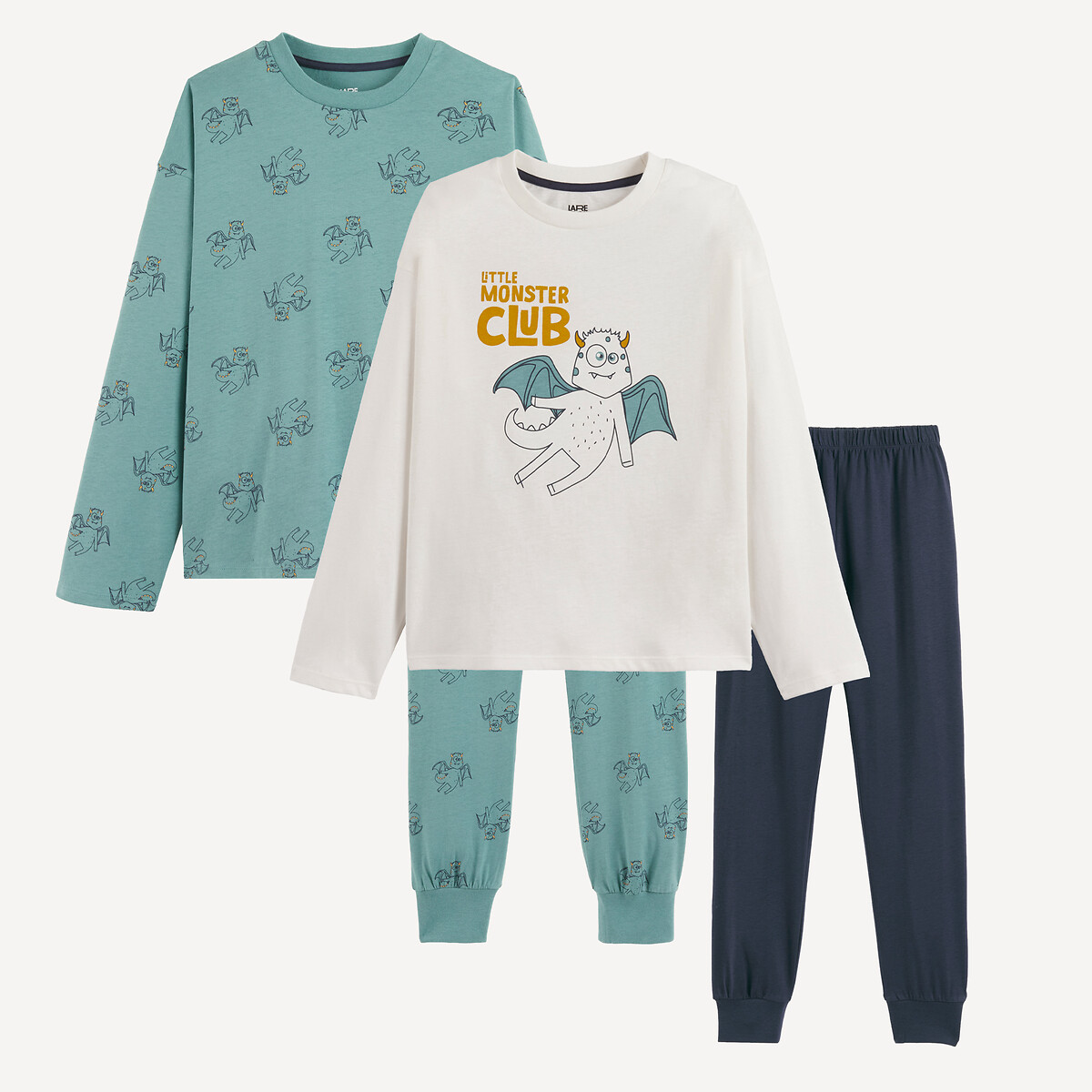 Lot de 2 pyjamas en jersey, imprimé monstres vert + marine + blanc, LA REDOUTE COLLECTIONS