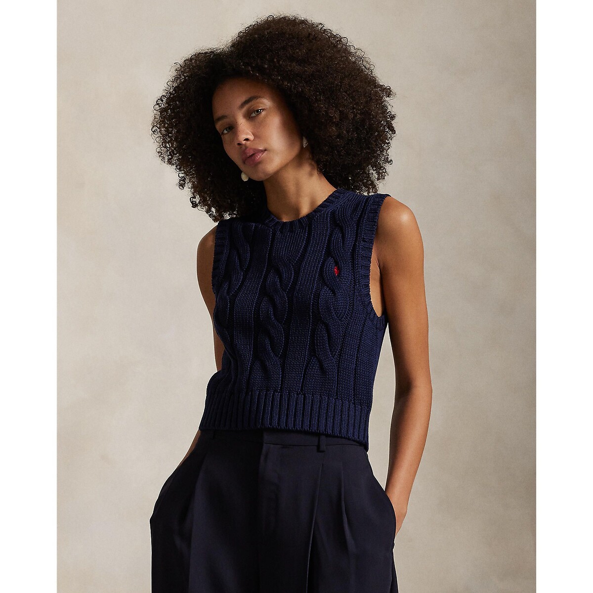 Sleeveless Crew Neck Cable Knit Jumper navy, POLO RALPH LAUREN