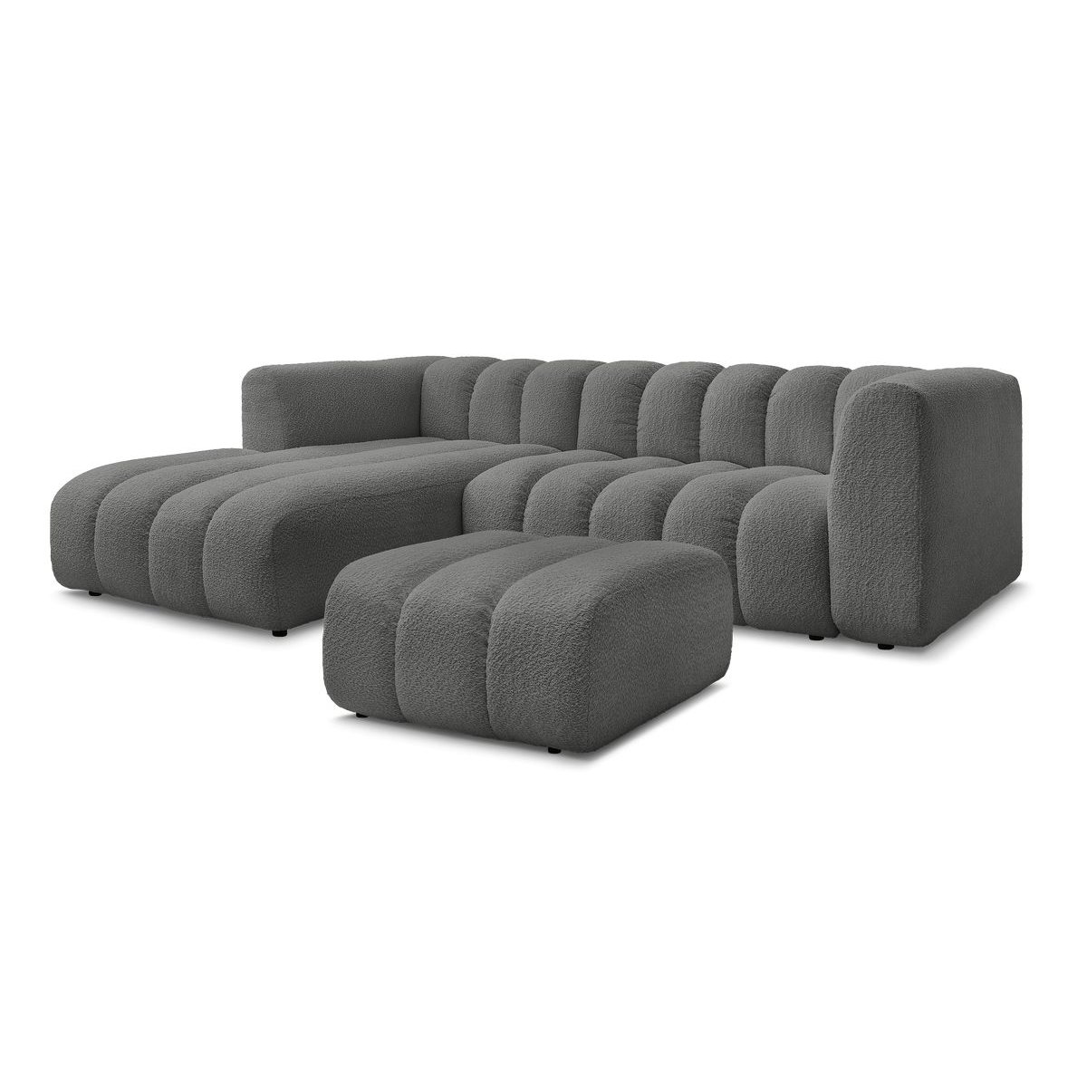 Canapé d'angle fixe 4 places en tissu bouclette avec pouf, TALIA gris foncé, BOBOCHIC