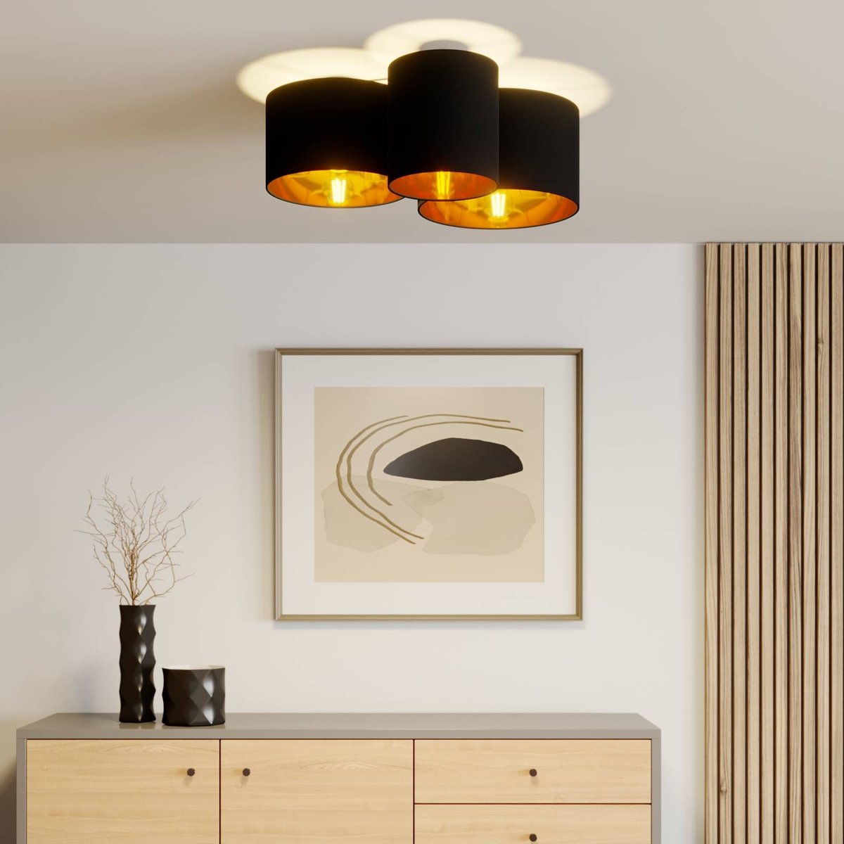 Plafonnier en textile moderne, Laurenz noir, doré, LINDBY