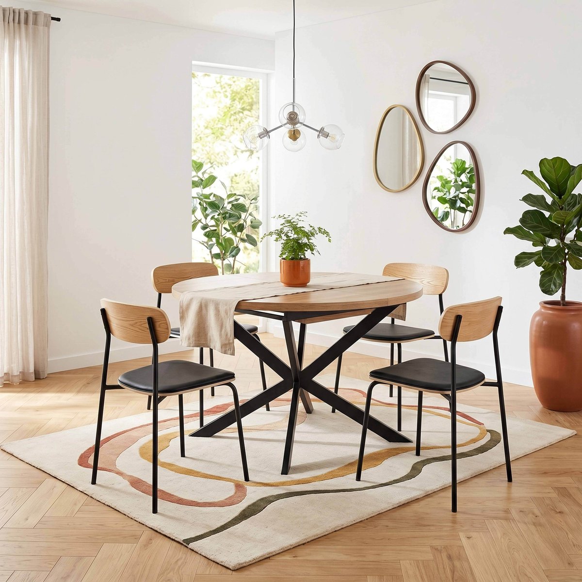 Table à manger extensible ronde en métal et effet bois 6 à 8 personnes, MARCIA beige, OVIALA