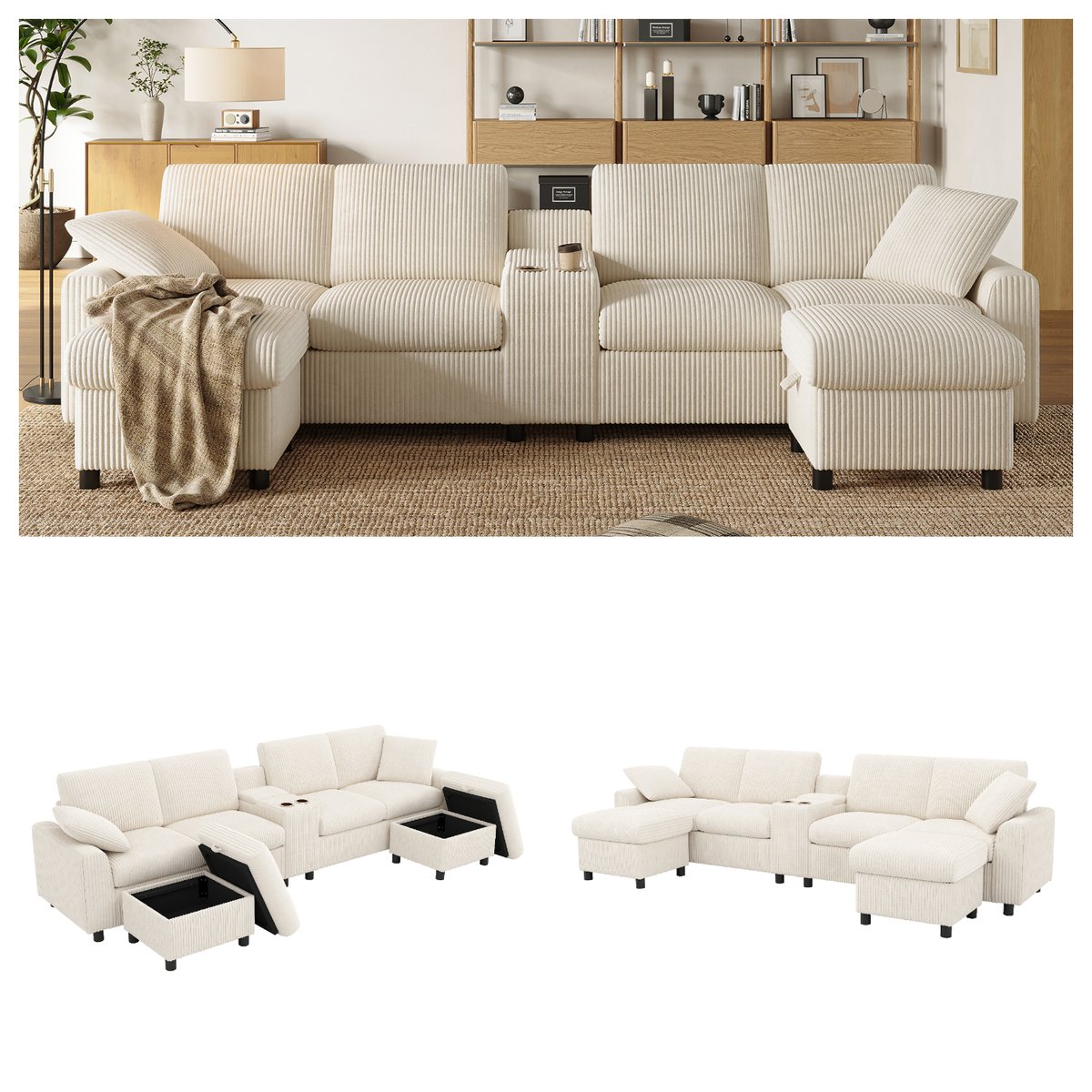 Canapé d’angle U en velours côtelé avec coffre VASED beige, MEUBLES COSY