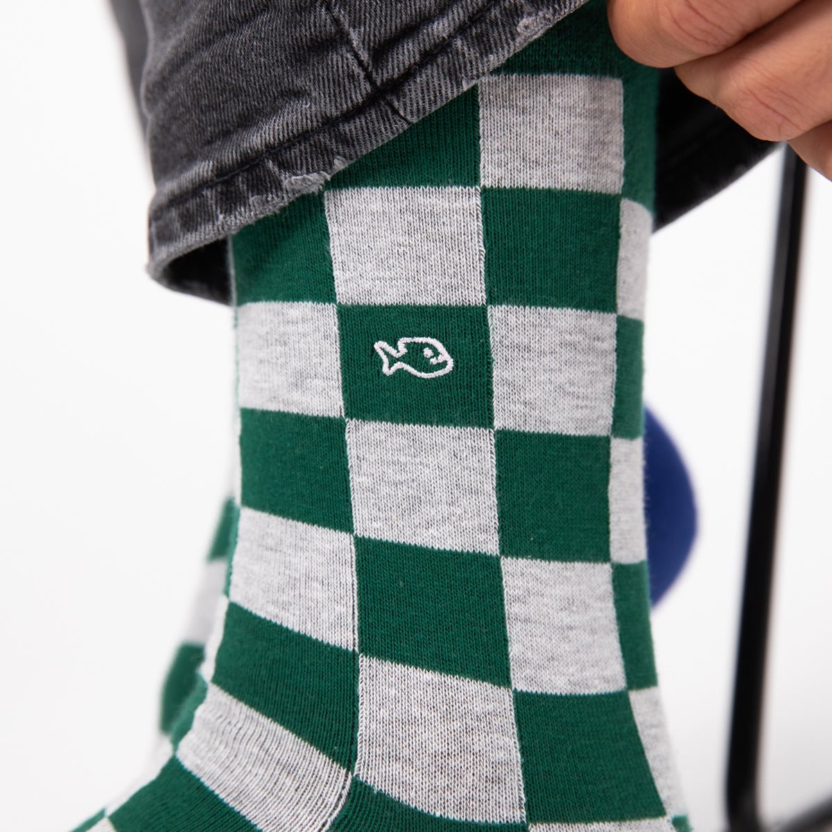 Chaussettes en coton peigné CARREAUX vert et gris, BILLYBELT