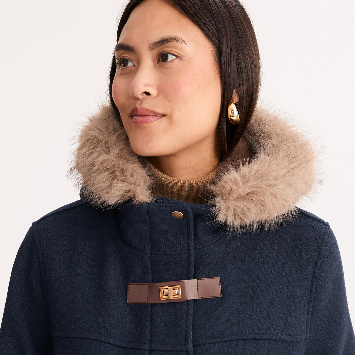 Manteau mi-long, style duffle-coat, à capuche bleu marine, ANNE WEYBURN