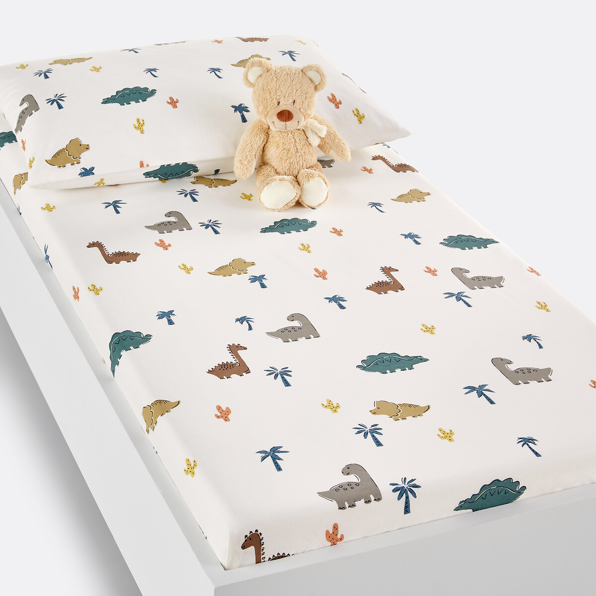 Drap-housse coton bonnet 17 cm, Dino Pop imprimé blanc, LA REDOUTE INTERIEURS