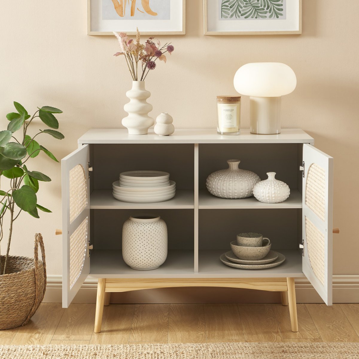 Buffet 2 portes en bois et cannage L90cm- CANNO gris perle, DRAWER