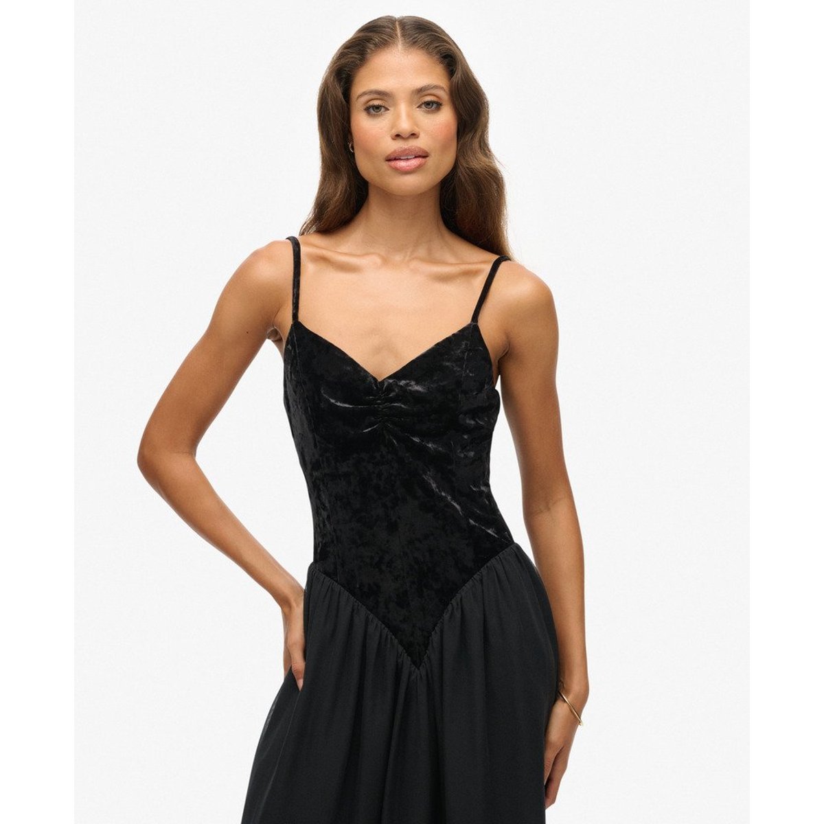 Robe Midi Corset en Velours noir, SUPERDRY