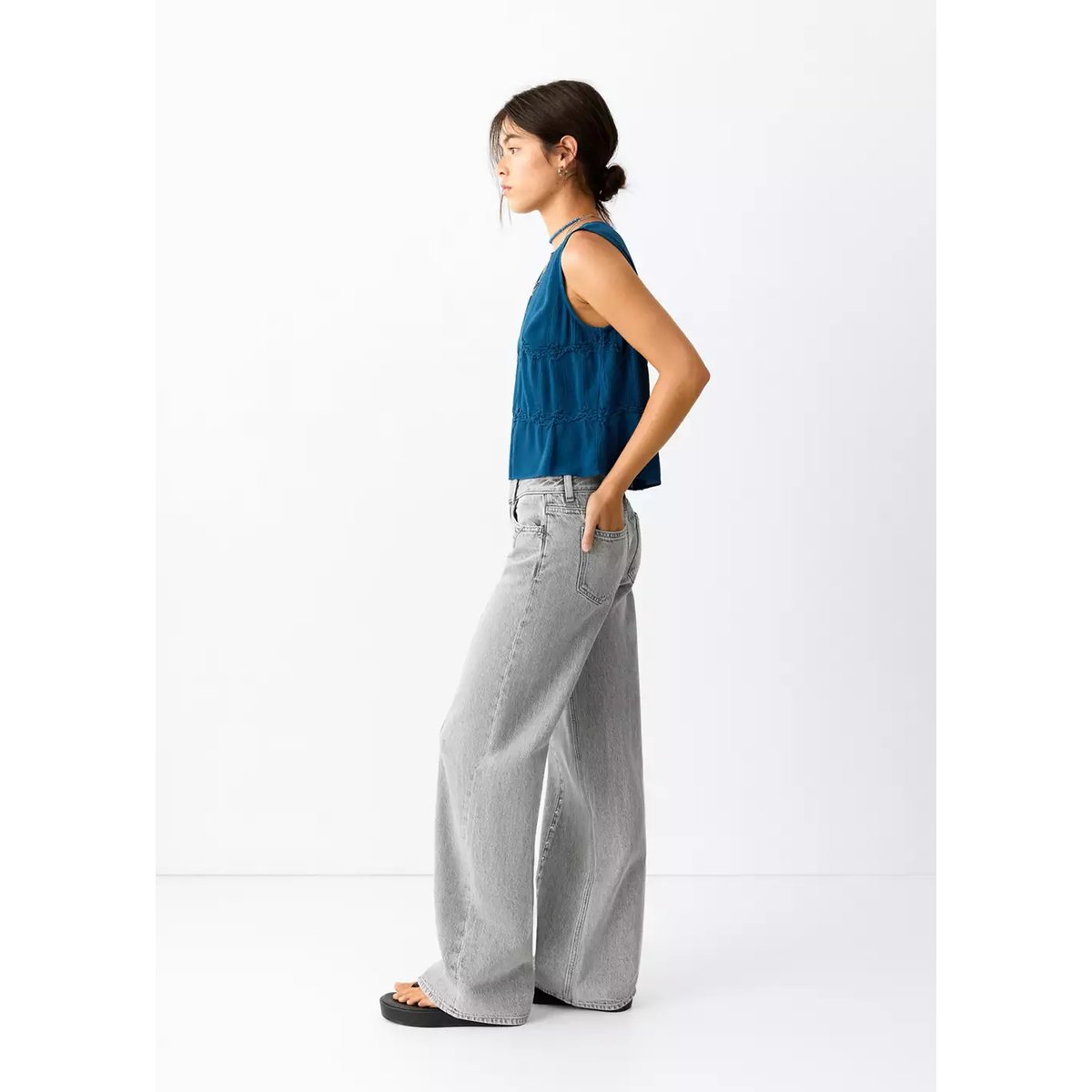 Jean wide leg coutures et clous gris denim, MANGO TEEN