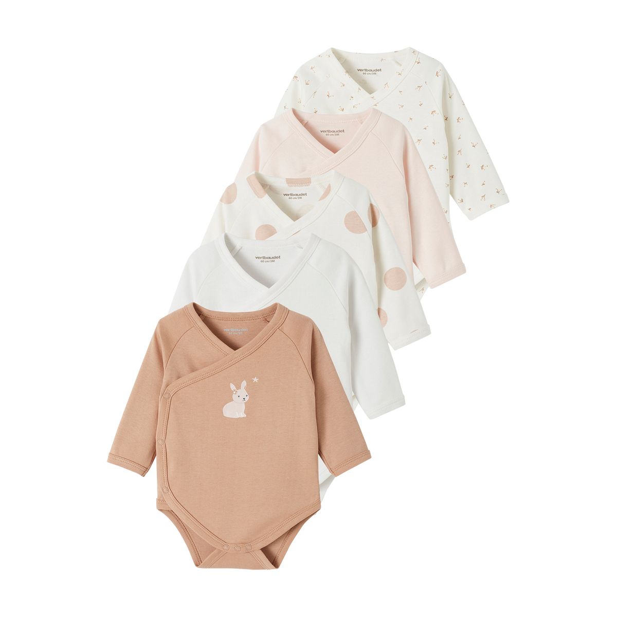 Lot de 5 bodies manches longues ouverture naissance rose poudré, VERTBAUDET