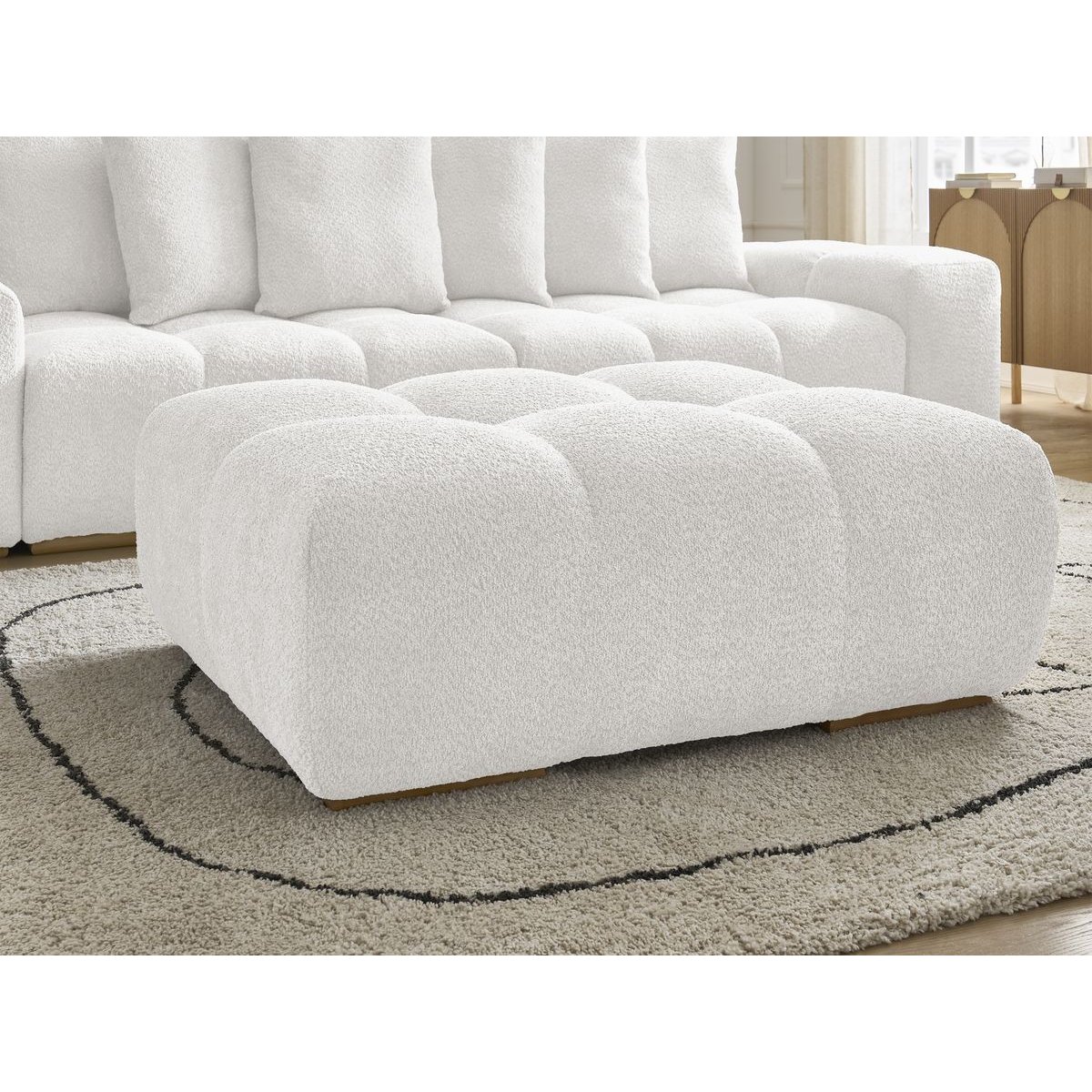 Canapé droit convertible 4 places en tissu bouclette avec pouf, ANAKIN blanc, BOBOCHIC