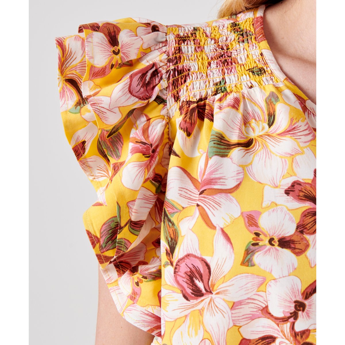 Blouse fleurie à volants jaune fleuri, DAMART