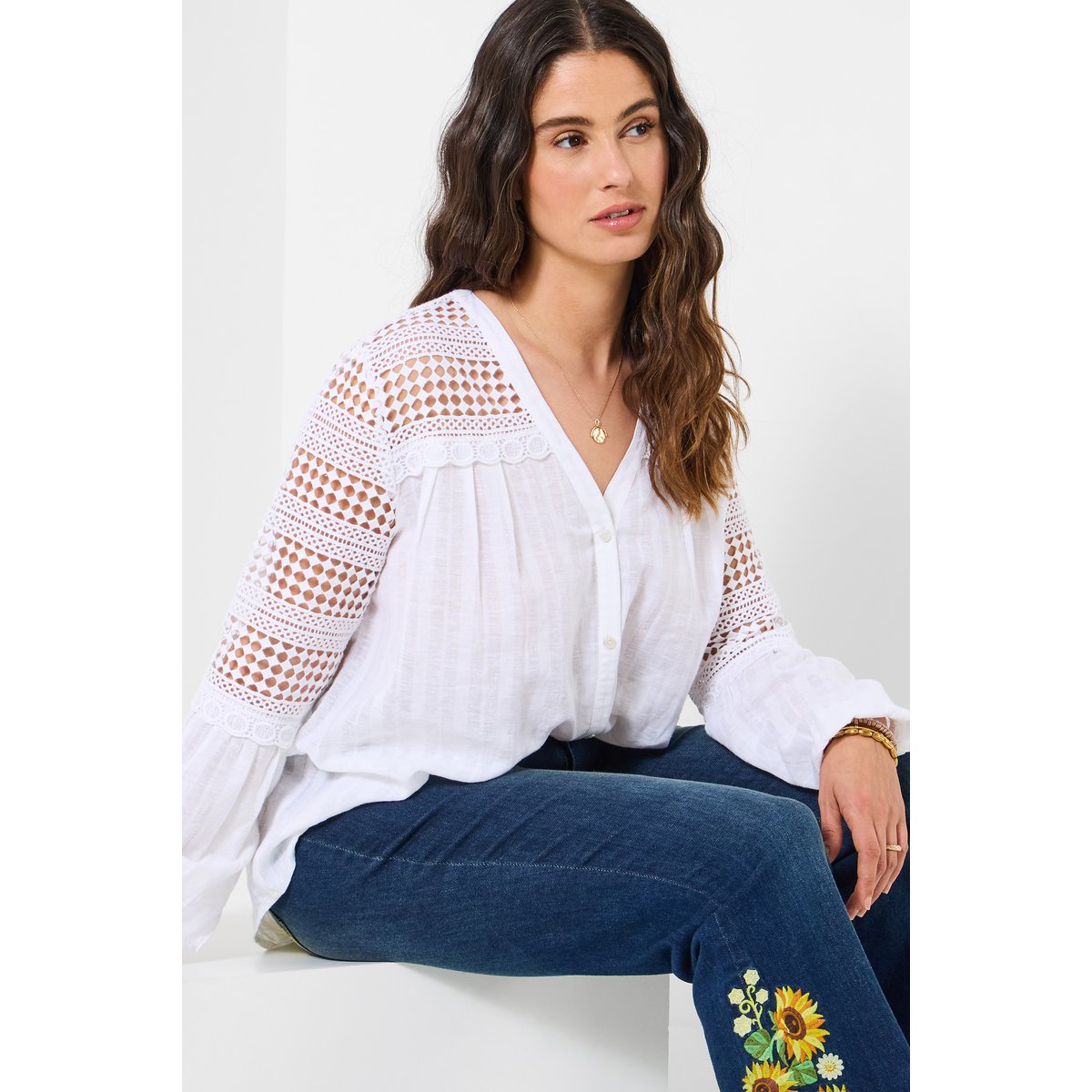 Blouse style bobo en mélange de lin texturé blanc, JOE BROWNS