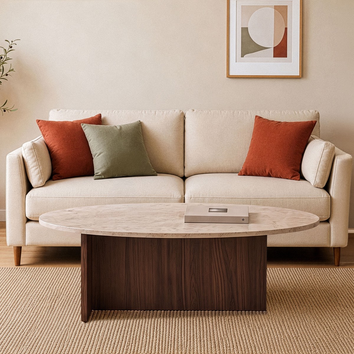Table basse avec plateau ovale - ANNA noyer / travertin, CALICOSY
