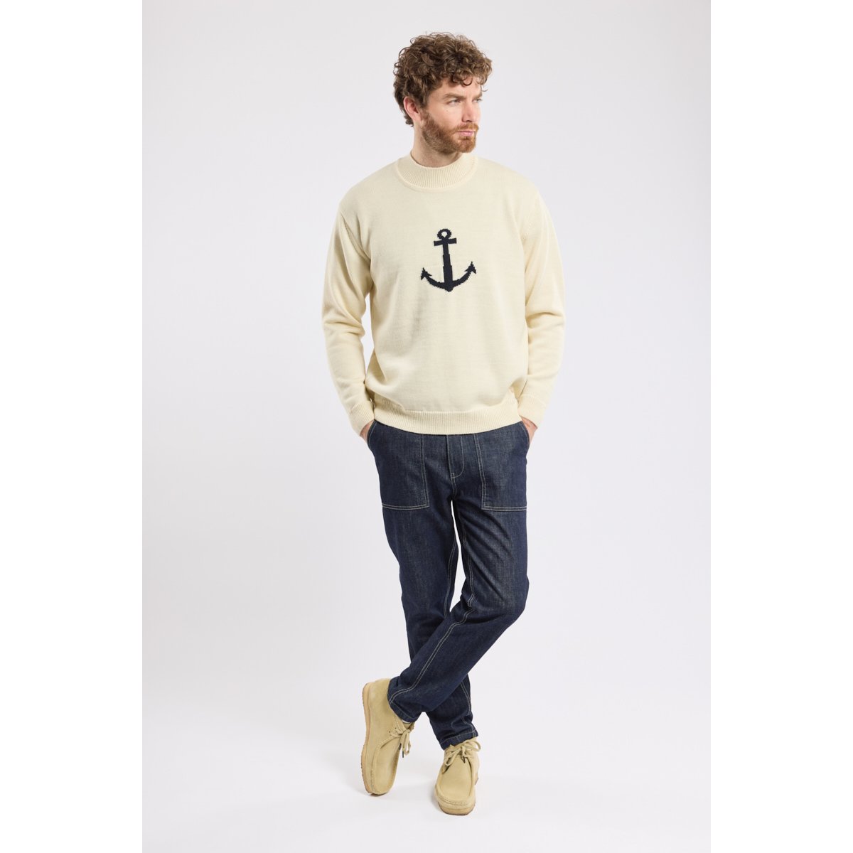 Pull col montant Héritage en laine HERITAGE nature/navire, ARMOR-LUX
