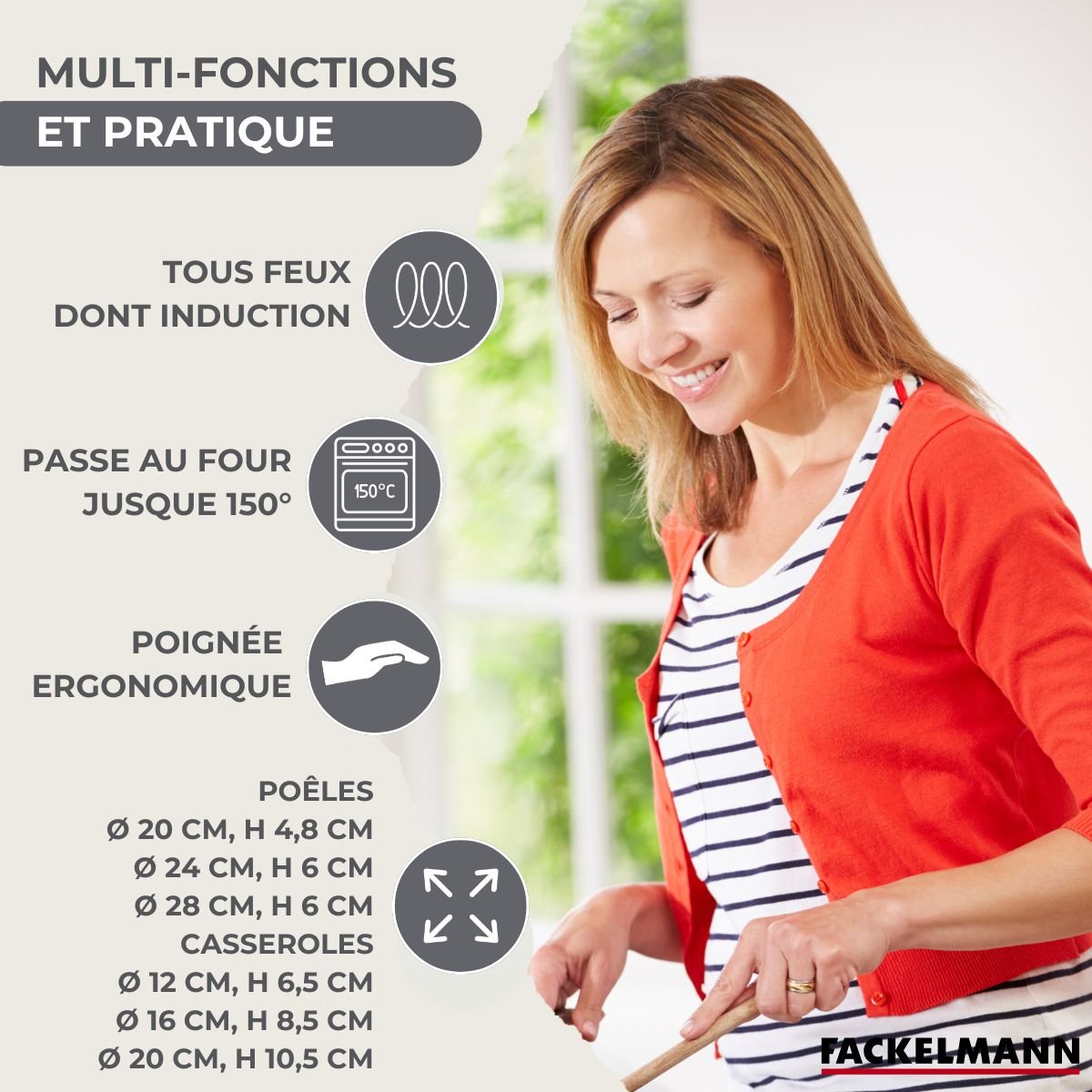 Batterie 3 poêles 20/24/28cm + 3 casseroles 12/16/20cm GENEVA inox|noir, FACKELMANN